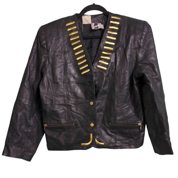 Vintage Jackets & Blazers - Bellino Women Leather Jacket Black Gold Buttons Pockets Embroidered Hong Kong 10